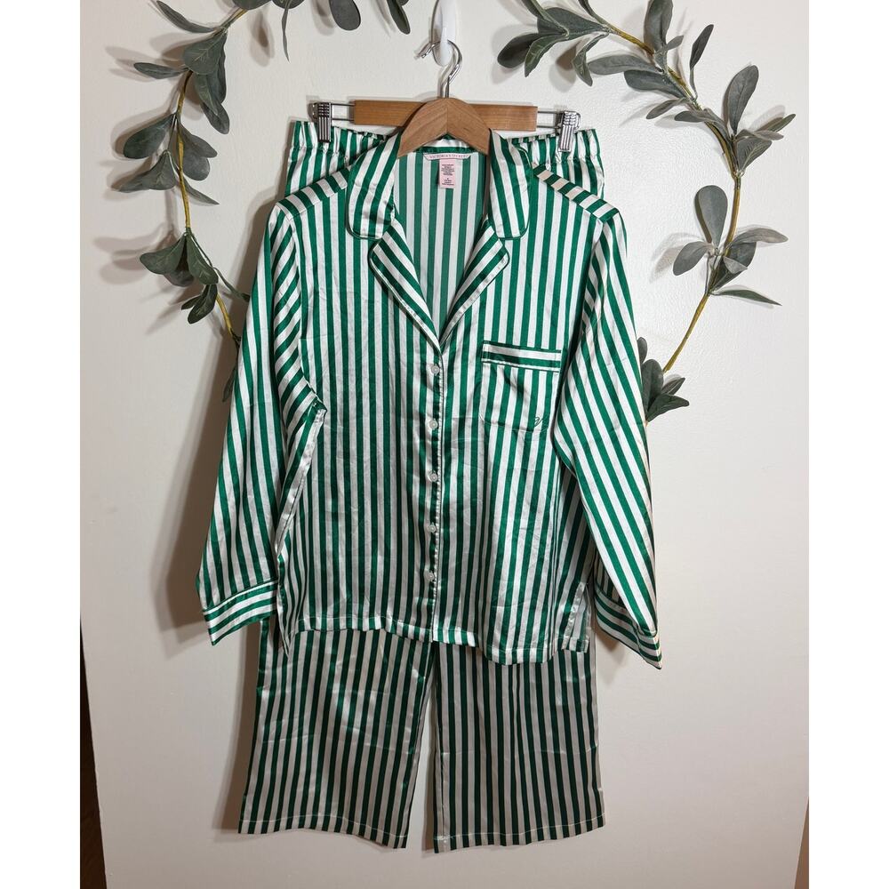 Victoria's Secret Green Striped Satin Pajamas